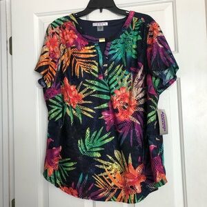 Allison Daley Plus 2X SMLSAFARI Navy Blue Palm Floral Tropical Gold Accent NWT